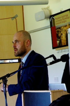 Photo credit:  Julia Vitullo-Martin; Description:  Alva Noe lecturing at Templeton-Cambridge Fellowships